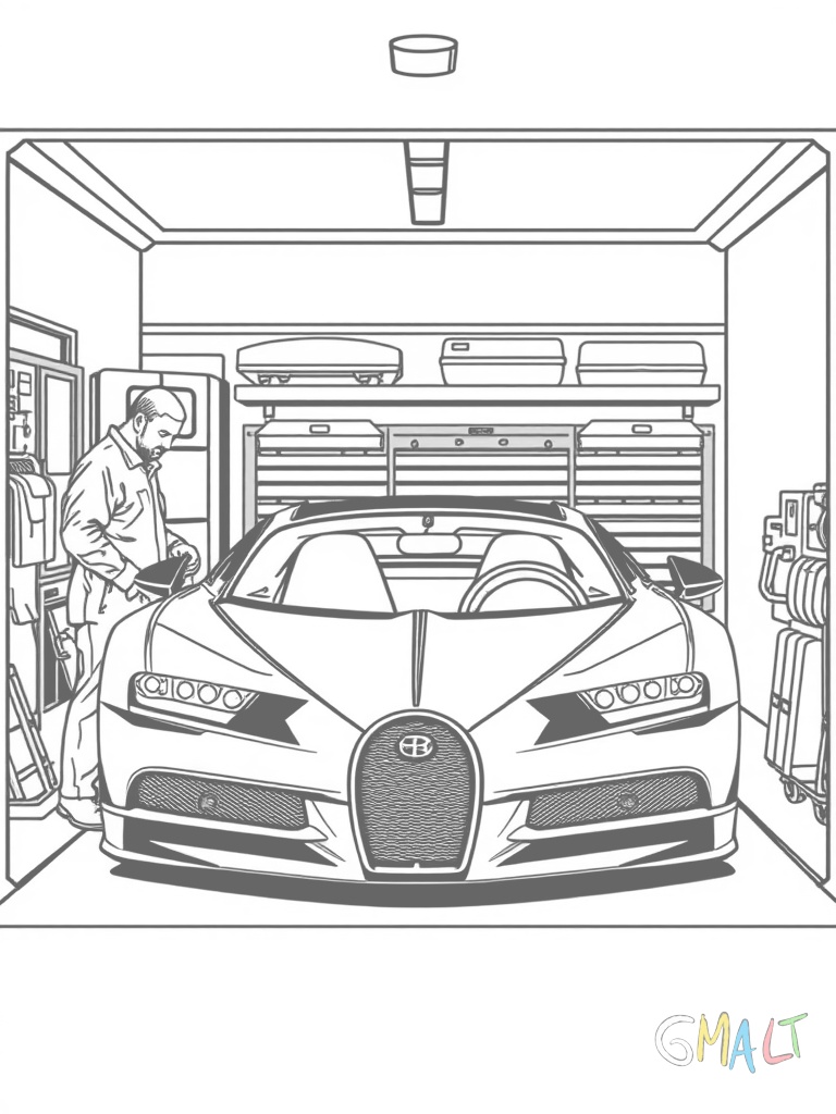 Der Bugatti Bolide in einer Boxengasse. Zwei Mechaniker stehen neben dem Auto. Die Box ist durch einfache Linien angedeutet mit Werkzeugwagen im Hintergrund.