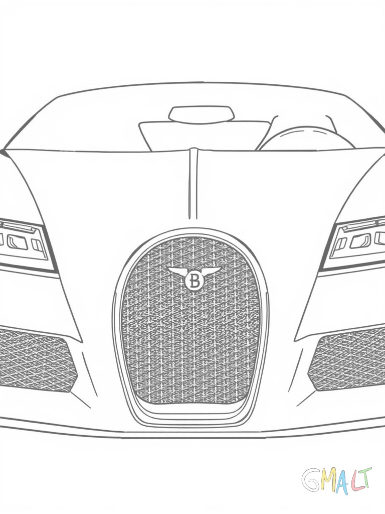 Frontalansicht des Bugatti Bolide mit dem charakteristischen Hufeisen-Kühlergrill. Die flache Motorhaube zeigt deutliche Luftauslässe. Die LED-Scheinwerfer sind als schmale Lichtleisten dargestellt.