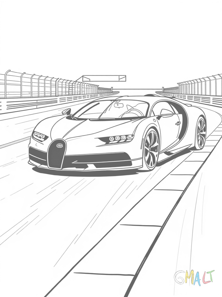 Ein Bugatti Bolide auf einer Rennstrecke mit Startlinie. Die Rennstreckenbegrenzung ist durch einfache Linien angedeutet. Das Auto ist in Fahrposition mit leicht eingeschlagenen Vorderrädern.