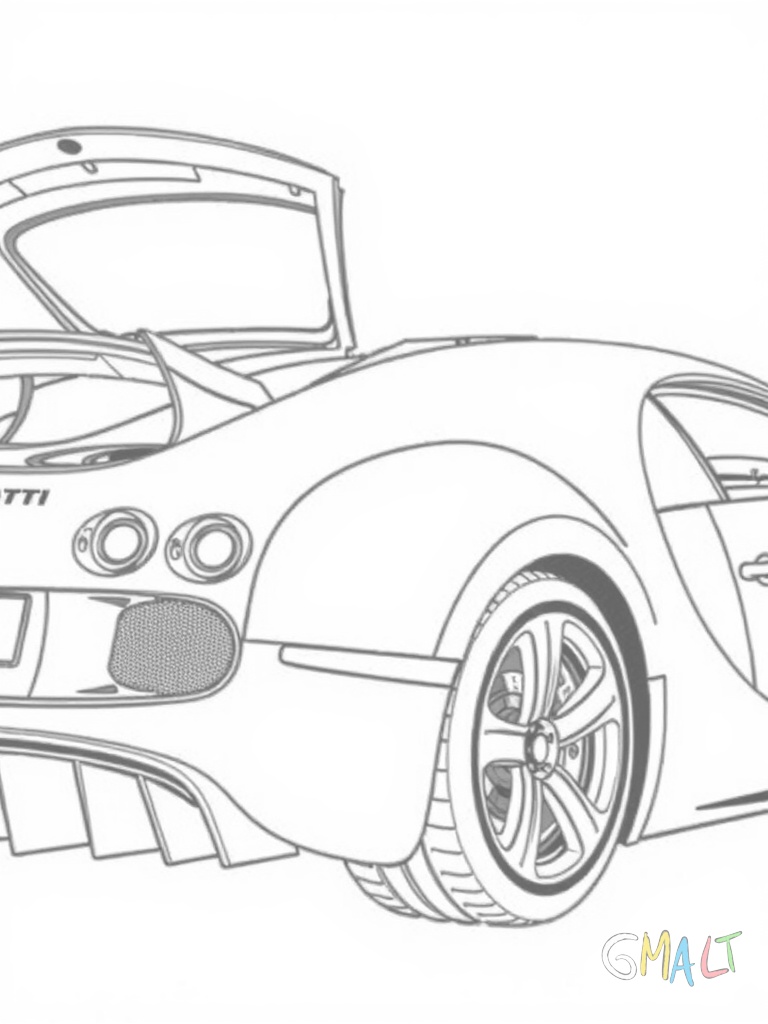Ein Bugatti Bolide von der Seite gesehen mit geöffneten Flügeltüren. Die markanten Lufteinlässe und der große Heckflügel sind deutlich zu erkennen. Die Räder haben das typische Y-Speichen-Design.