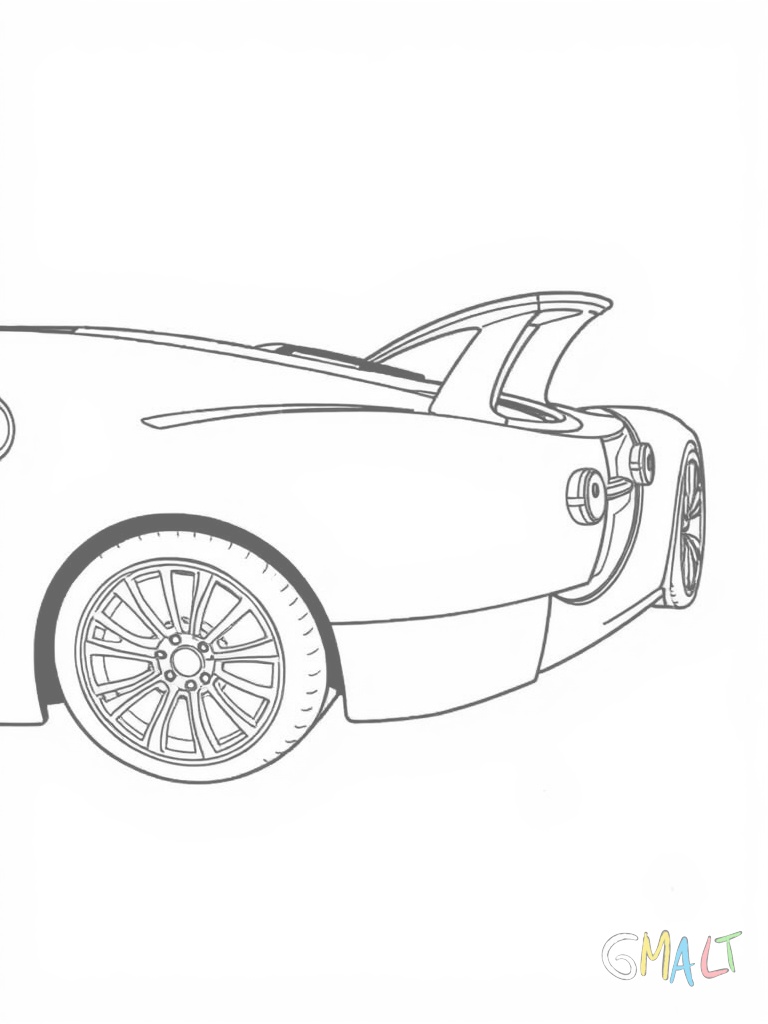Ein Bugatti Centodieci von schräg hinten mit ausgefahrenem Heckspoiler. Die charakteristischen fünf runden Lufteinlässe sind sichtbar.