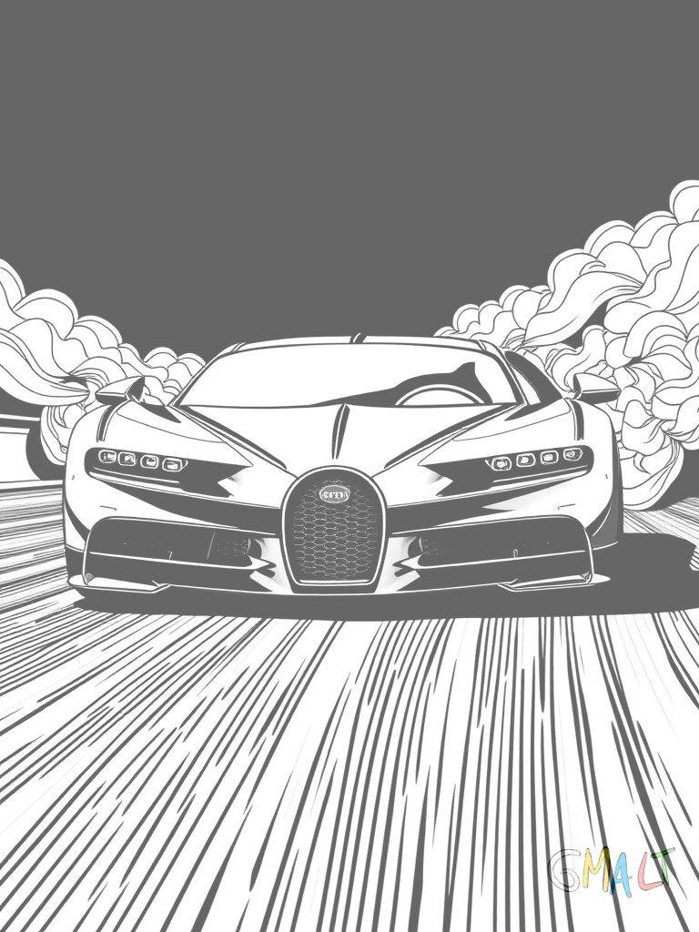 Ein Bugatti Divo beim Beschleunigen mit aufsteigendem Staub hinter den Rädern. Der große Heckflügel ist in Aktion zu sehen.