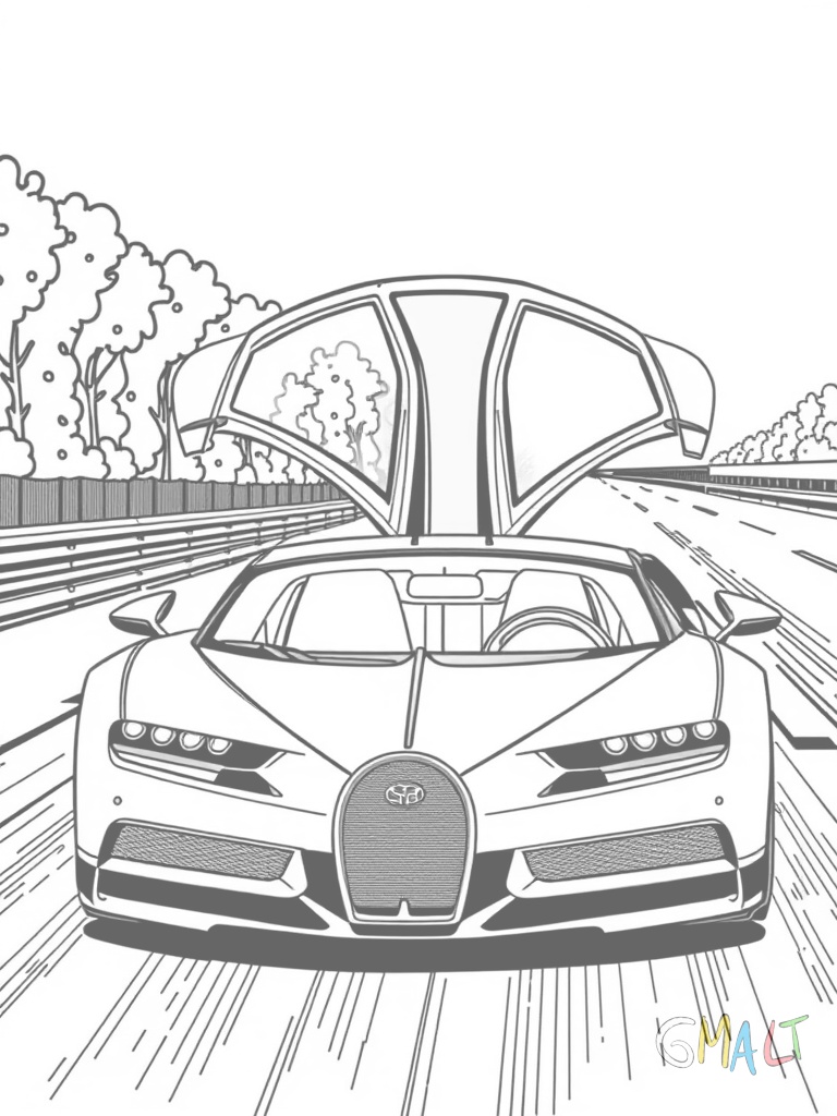 Ein Bugatti EB110 auf einer Rennstrecke mit geöffneter Motorhaube. Der Mittelmotor ist deutlich zu erkennen. Die Scheinwerfer sind ausgeklappt.