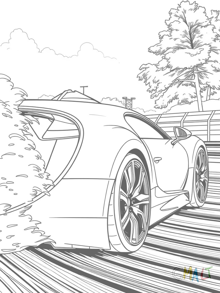 Ein Bugatti Chiron Pur Sport beim Drift auf der Rennstrecke. Die Seitenansicht zeigt die aerodynamischen Lufteinlässe deutlich.