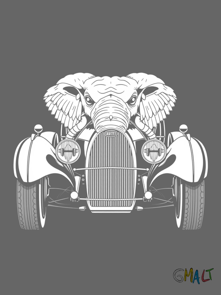 Ein Bugatti Type 41 Royale mit dem majestätischen Elefanten als Kühlerfigur. Die lange Motorhaube und die großen Scheinwerfer sind charakteristisch.