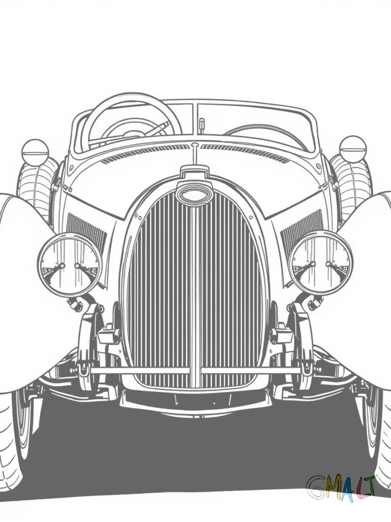Ein Bugatti Type 35 Rennwagen mit dem typischen Hufeisengrill und den Speichenrädern. Der offene Cockpitbereich zeigt das klassische Lenkrad.