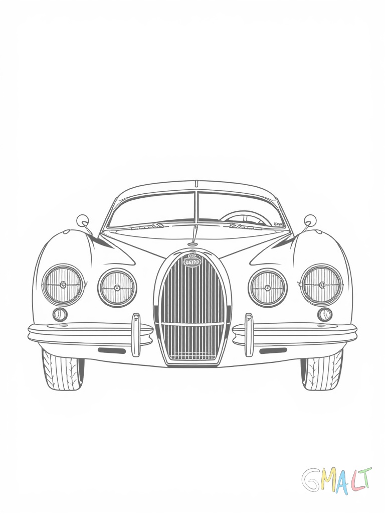 Ein Bugatti Type 57 Atlantic in einer 3/4-Frontansicht. Die geschwungenen Kotflügel und die markante Finne auf dem Dach sind gut zu sehen.