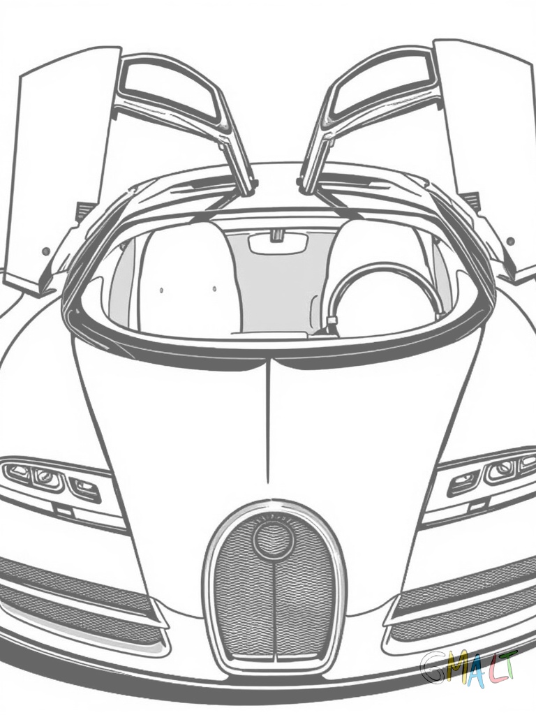 Ein Bugatti Veyron von vorne fotografiert mit geöffneten Flügeltüren. Die markante Frontpartie mit dem hufeisenförmigen Kühlergrill ist gut sichtbar.