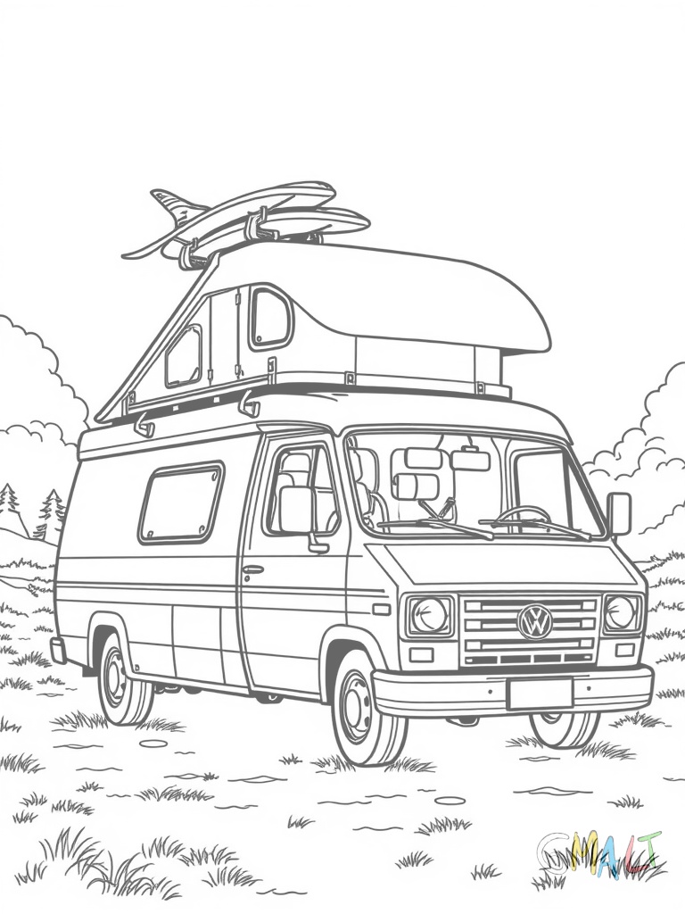 Ein Campingbus mit ausgeklapptem Vordach steht auf einem Campingplatz. Auf dem Dach sind Surfbretter befestigt.