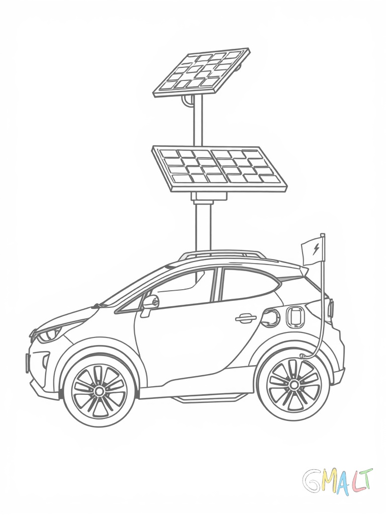 Ein Elektroauto steht an einer Ladesäule. Das Ladekabel ist eingesteckt und auf dem Dach ist eine Solaranlage montiert. Neben dem Auto steht ein Schild mit Blitzsymbol.