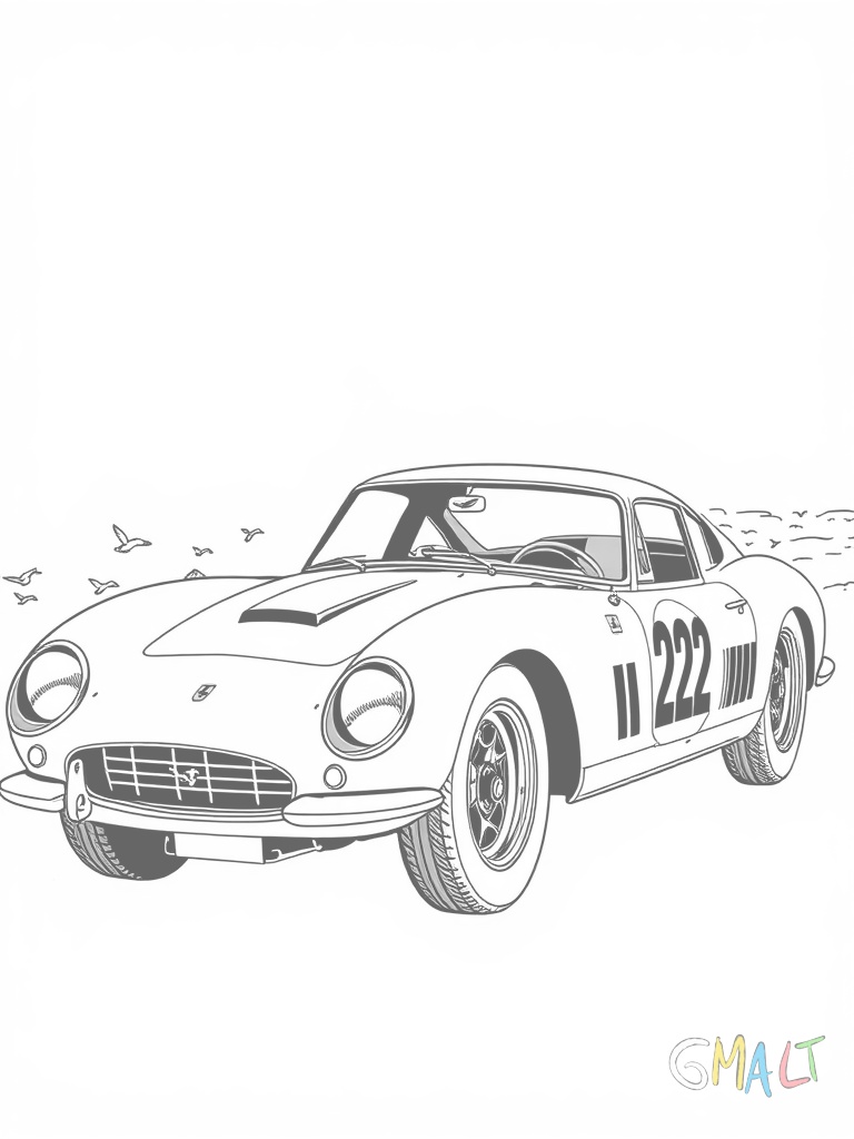 Ein Ferrari 250 GTO Oldtimer im Renndesign mit Startnummer 22 von der Seite. Die klassische lange Motorhaube und das rundliche Heck zeigen die zeitlose Eleganz.