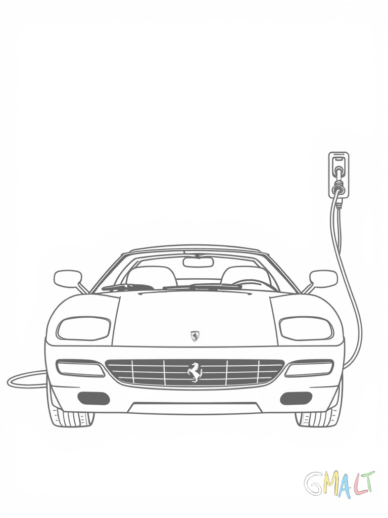 Ein Ferrari 296 GTB mit plugged-in Ladekabel an einer Ladesäule. Der moderne Hybrid-Sportwagen präsentiert seine zukunftsweisende Technik.