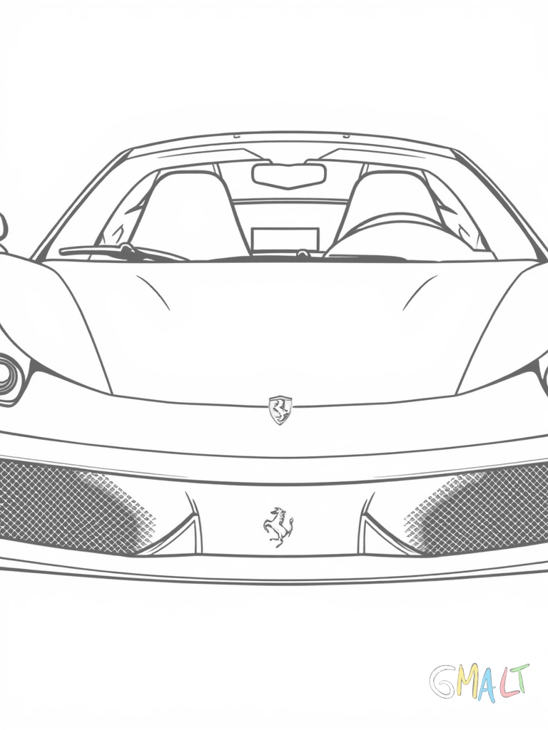 Ein Ferrari 458 Italia in Frontansicht mit charakteristischem Kühlergrill und dem springenden Pferd Logo. Die geschwungenen Scheinwerfer und Lufteinlässe prägen die Frontpartie.