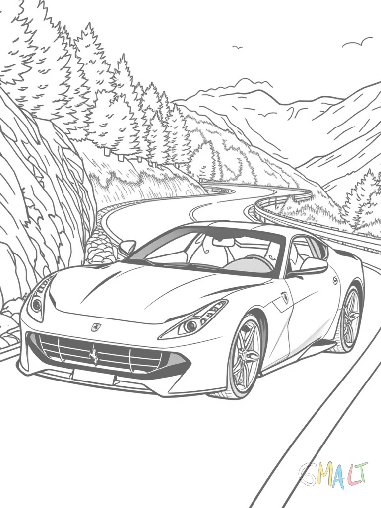 Ein Ferrari 812 Superfast auf einer kurvigen Bergstraße. Der Sportwagen ist in dynamischer Fahrposition mit eingeschlagenem Lenkeinschlag dargestellt.