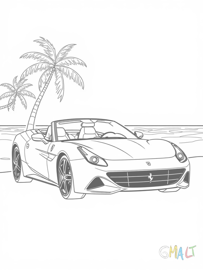 Ein Ferrari California mit geöffnetem Hardtop-Verdeck. Das elegante Cabrio steht vor einer Strandkulisse mit Palmen im Hintergrund.