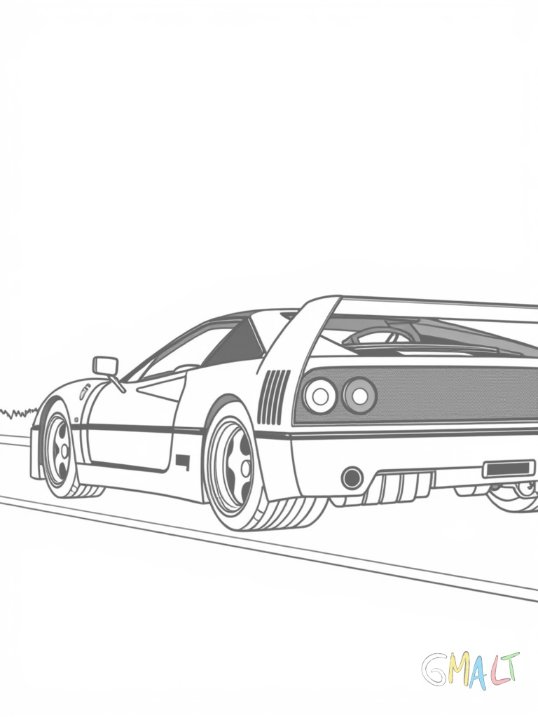 Ein roter Ferrari F40 von der Seite mit geöffneten Flügeltüren. Die markante Keilform und der große Heckspoiler sind deutlich zu erkennen. Der Sportwagen steht auf einer einfachen Straße.