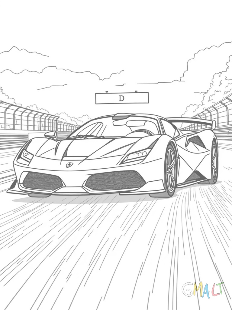 Ein Ferrari SF90 Stradale auf einer Rennstrecke mit Zielfahne im Hintergrund. Der moderne Supersportwagen zeigt seine aerodynamische Form mit aktivem Heckspoiler.