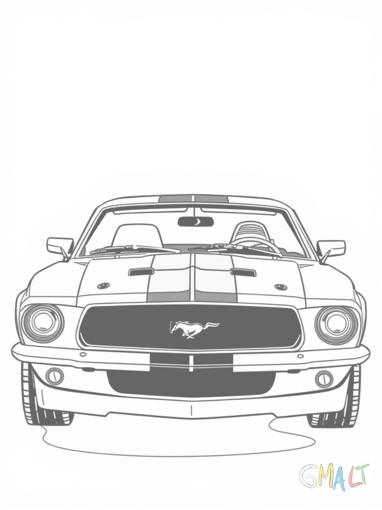 Ein geparkter Mustang Boss 302 von der Fahrerseite. Die Türen sind geschlossen die großen Felgen deutlich sichtbar. Der charakteristische Boss-Schriftzug ziert die untere Fahrzeugseite.