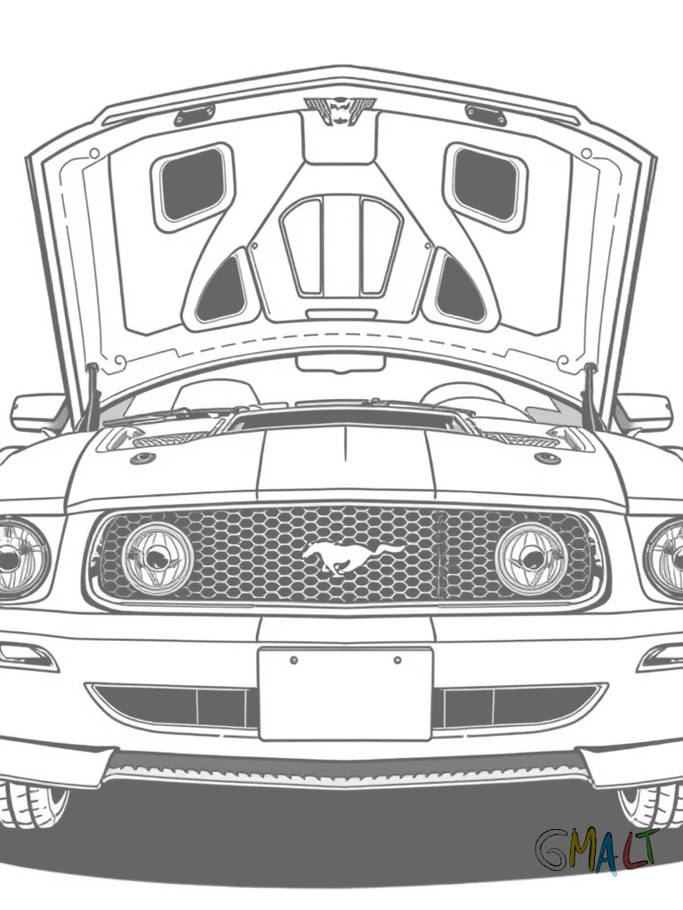 Ein Mustang Mach 1 in Frontansicht mit geöffneter Motorhaube. Der leistungsstarke V8-Motor ist gut sichtbar. Die Lufthutze auf der Motorhaube und der markante Frontspoiler prägen das Erscheinungsbild.