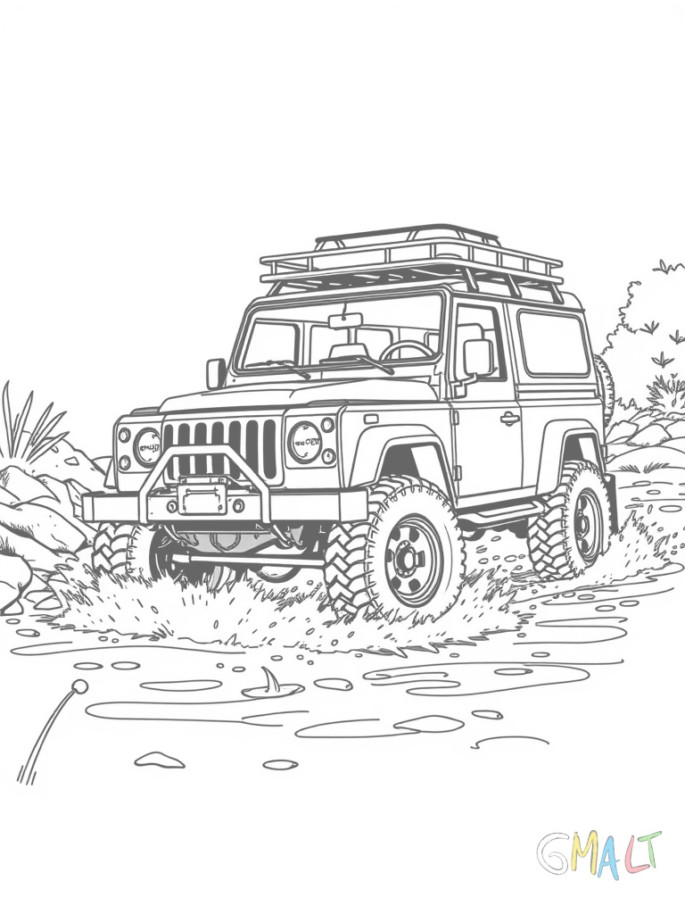 Ein Geländewagen fährt durch einen Bach. Wasser spritzt unter den großen Offroad-Reifen hervor. Auf dem Dach ist ein Gepäckträger montiert.