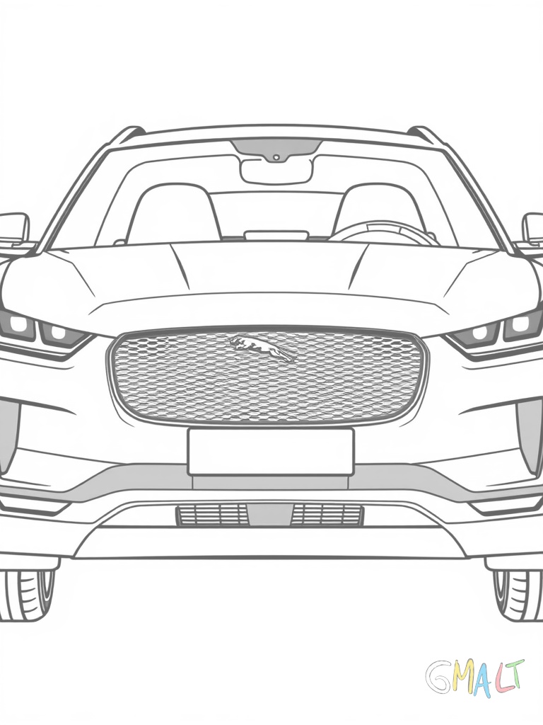 Ein moderner Jaguar I-PACE Elektro-SUV in Frontansicht mit dem markanten Kühlergrill und schmalen LED-Scheinwerfern. Die hohe Fronthaube und breite Standfläche betonen den kraftvollen Charakter.