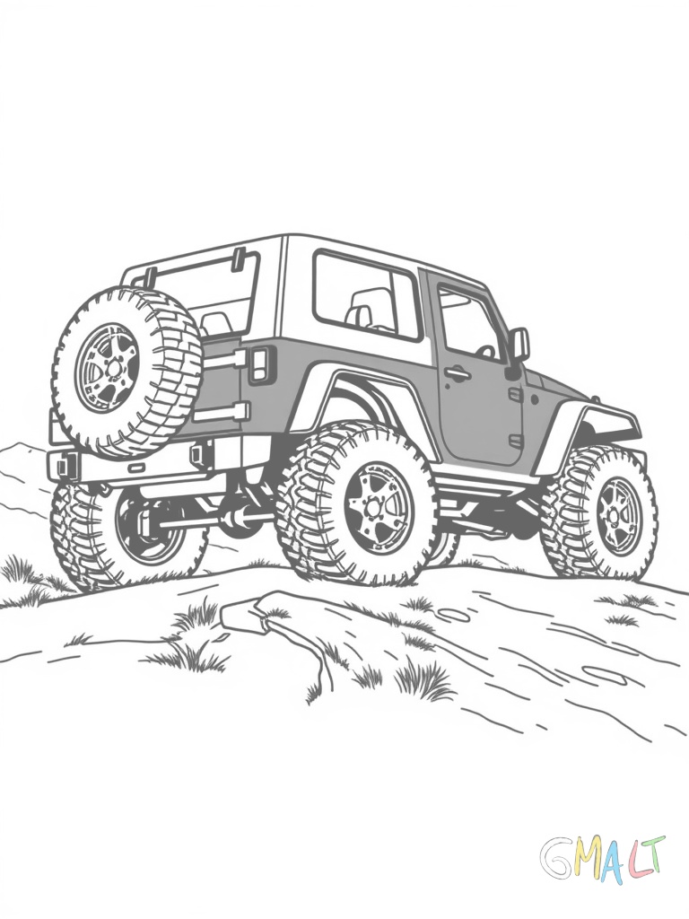 Ein roter Geländewagen steht von der Seite gesehen auf einem felsigen Hügel. Die großen Reifen haben deutliche Geländeprofile. Der Jeep hat eine Seilwinde an der Frontschürze und einen Dachgepäckträger.