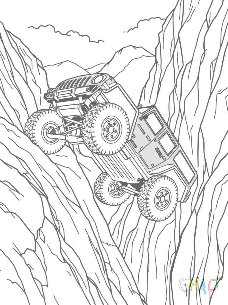 Ein gelber Jeep klettert einen steilen Hang hinauf. Das Fahrzeug ist in einem 45-Grad-Winkel zu sehen. Die vorderen Räder sind in der Luft während die hinteren sich im Schlamm festkrallen.