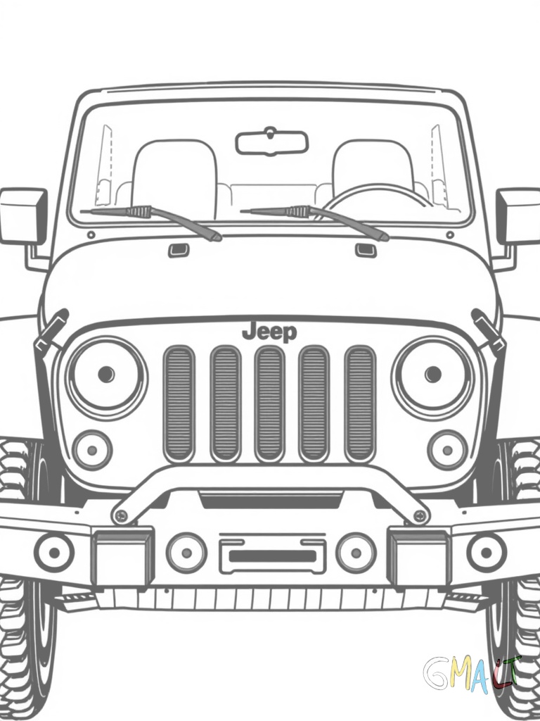Ein moderner Jeep mit geschlossenem Hardtop wird von vorne gezeigt. Der massive Kühlergrill hat sieben vertikale Streben. Große runde Scheinwerfer prägen die Frontansicht.
