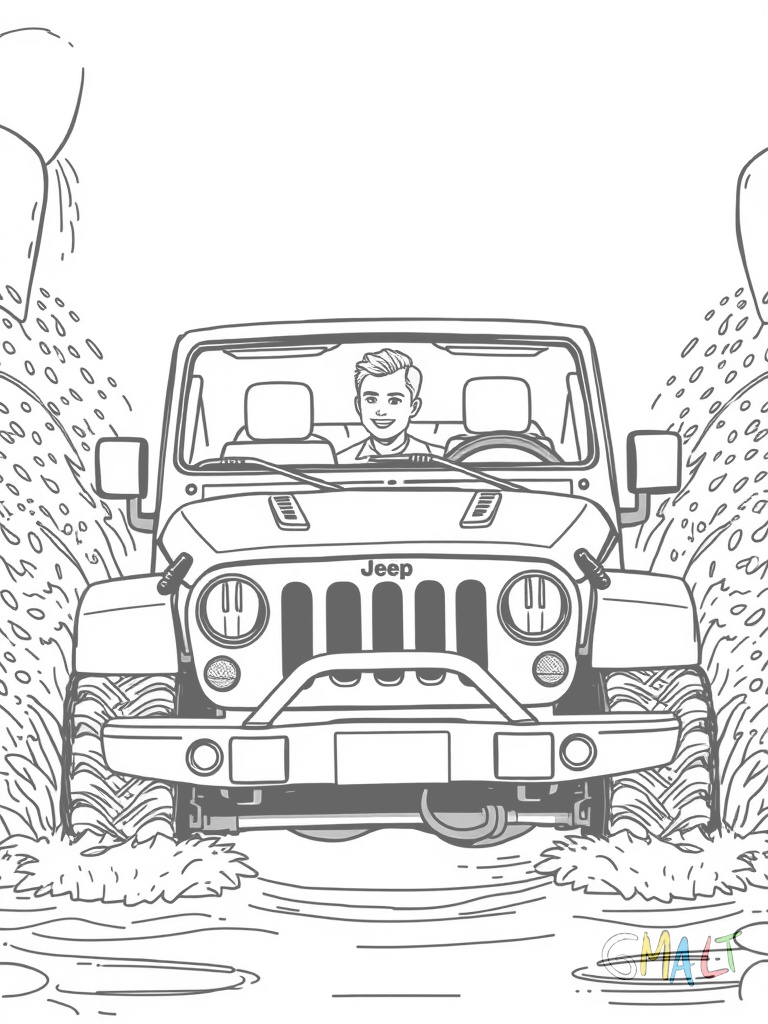 Ein blauer Jeep fährt durch eine tiefe Wasserstelle. Große Wasserspritzer fliegen zur Seite. Durch die Frontscheibe ist ein lächelnder Fahrer zu sehen. Die Scheinwerfer sind eingeschaltet.