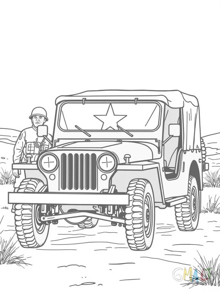 Ein grüner Militärjeep mit Stoffverdeck steht in der Wüste. Auf der Motorhaube ist ein weißer Stern aufgemalt. Neben dem Fahrzeug stehen zwei Soldaten mit Helmen.
