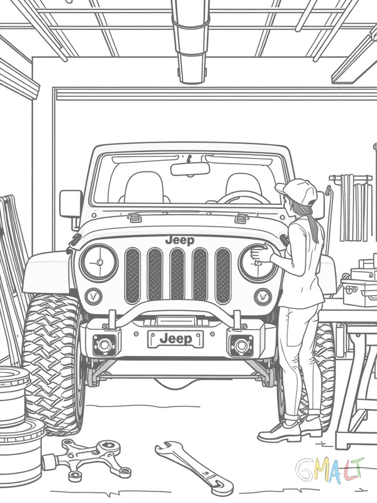 Ein orangefarbener Jeep steht in einer Garage. Die Motorhaube ist geöffnet und zeigt den Motor. Werkzeug liegt auf einer Werkbank daneben. Eine Mechanikerin arbeitet am Fahrzeug.