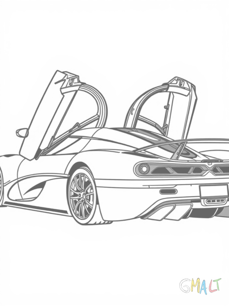 Ein Koenigsegg Agera in Seitenansicht mit offenen Schmetterlingstüren. Die charakteristischen Türen schwingen nach oben und die stromlinienförmige Silhouette des Supersportwagens ist deutlich zu erkennen. Die großen Felgen und der niedrige Schweller betonen die sportliche Erscheinung.