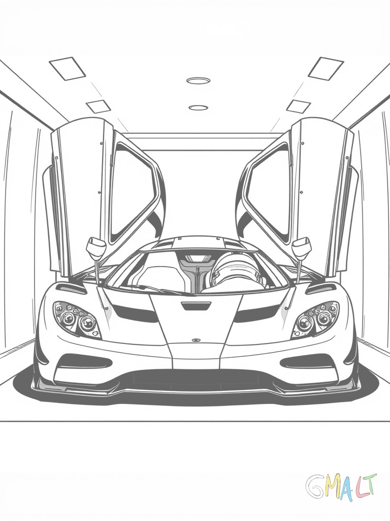 Der Koenigsegg CC8S in der Boxengasse stehend. Die Flügeltüren sind weit geöffnet und ein Rennfahrerhelm liegt sichtbar auf dem Fahrersitz. Die klassische Form des ersten Koenigsegg-Modells ist gut erkennbar.