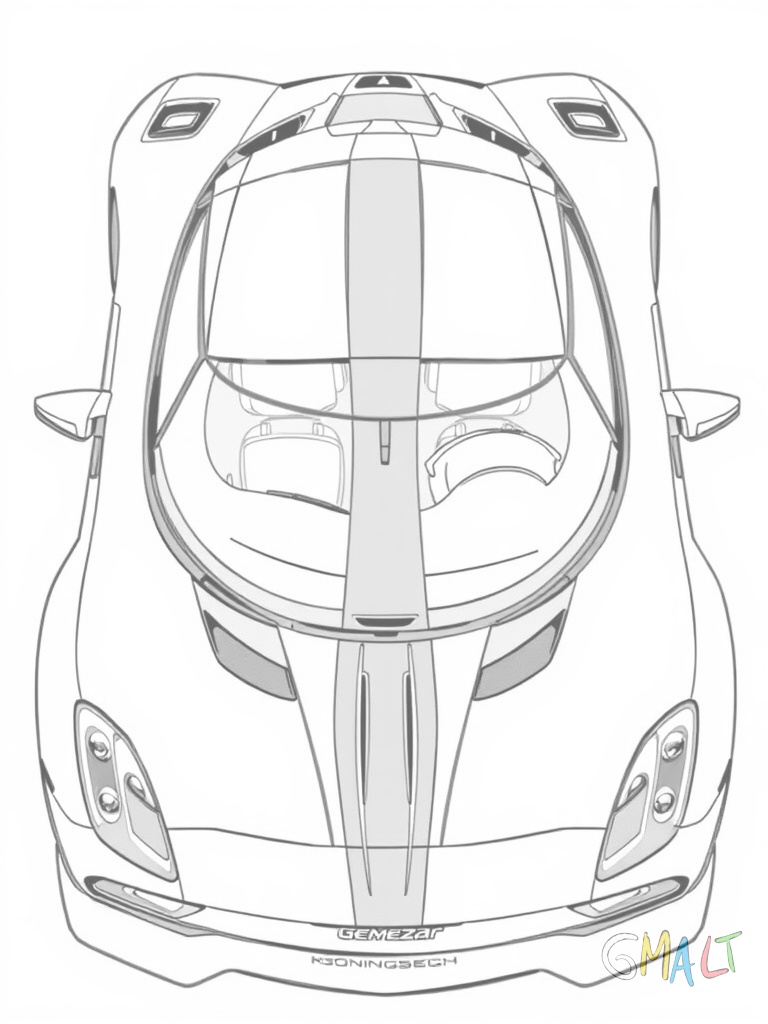 Ein Koenigsegg Gemera aus der Vogelperspektive. Das viertürige Hypercar zeigt sein markantes Dachdesign und die geschwungenen Linien der Karosserie. Alle vier Türen sind geschlossen und das Glasdach ist gut erkennbar.