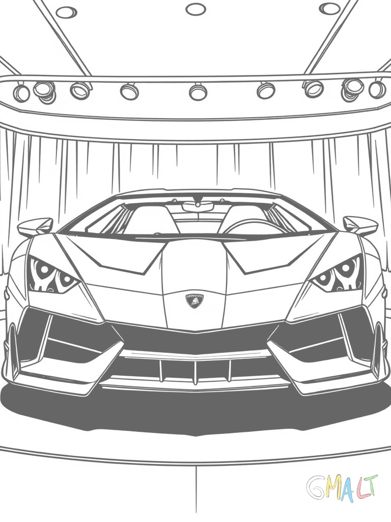 Ein Lamborghini Centenario auf einer Showbühne in Dreiviertelansicht von vorne. Die futuristische Front und die Schnörkel sind deutlich zu sehen.