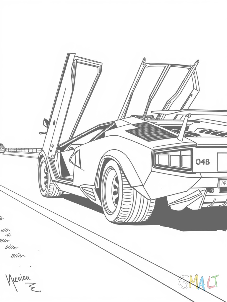 Ein Lamborghini Countach in Seitenansicht mit geöffneten Flügeltüren steht auf einer geraden Straße. Die charakteristischen Lufteinlässe und scharfen Kanten sind gut erkennbar.