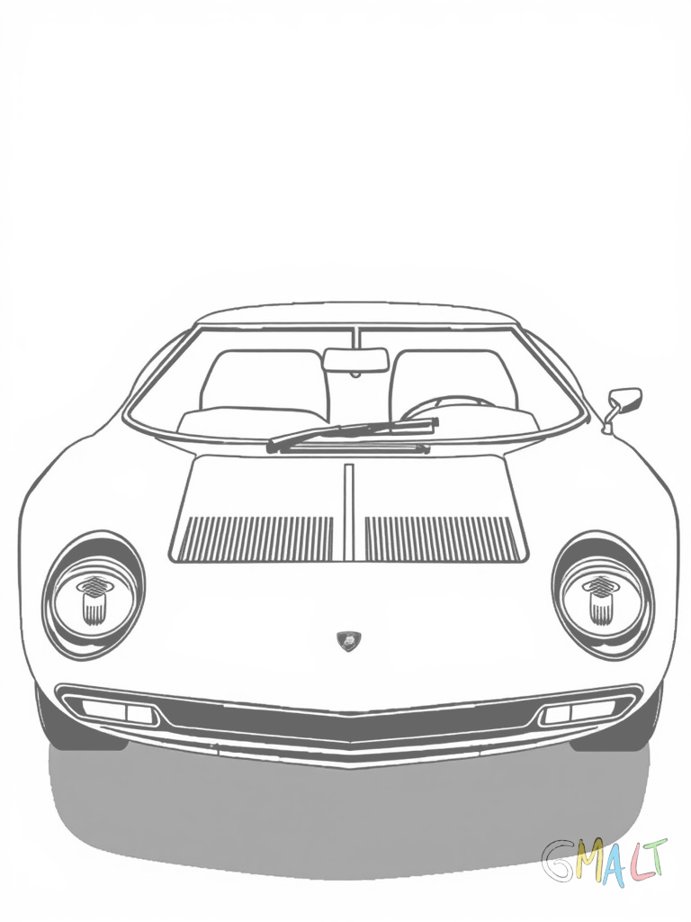 Ein Lamborghini Miura aus den 60er Jahren in einer Dreiviertelansicht von vorne. Die runden Scheinwerfer und die geschwungene Motorhaube sind deutlich zu sehen.