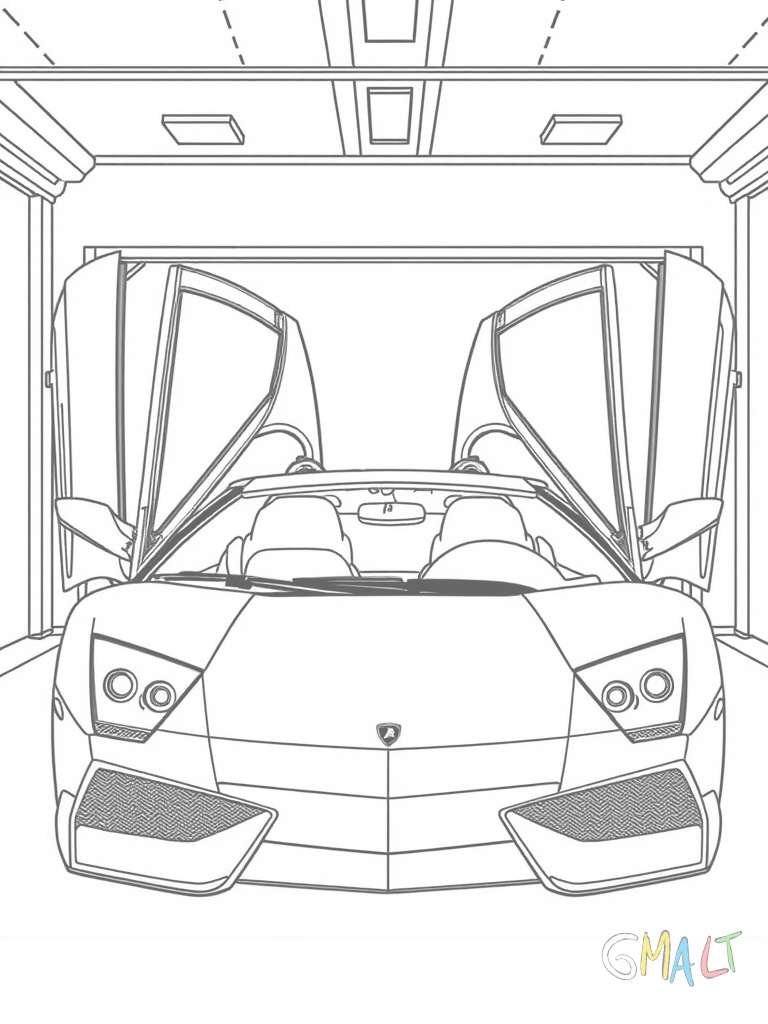 Ein Lamborghini Murciélago mit offenen Türen in einer Garage. Die Scherentüren sind nach oben geöffnet.