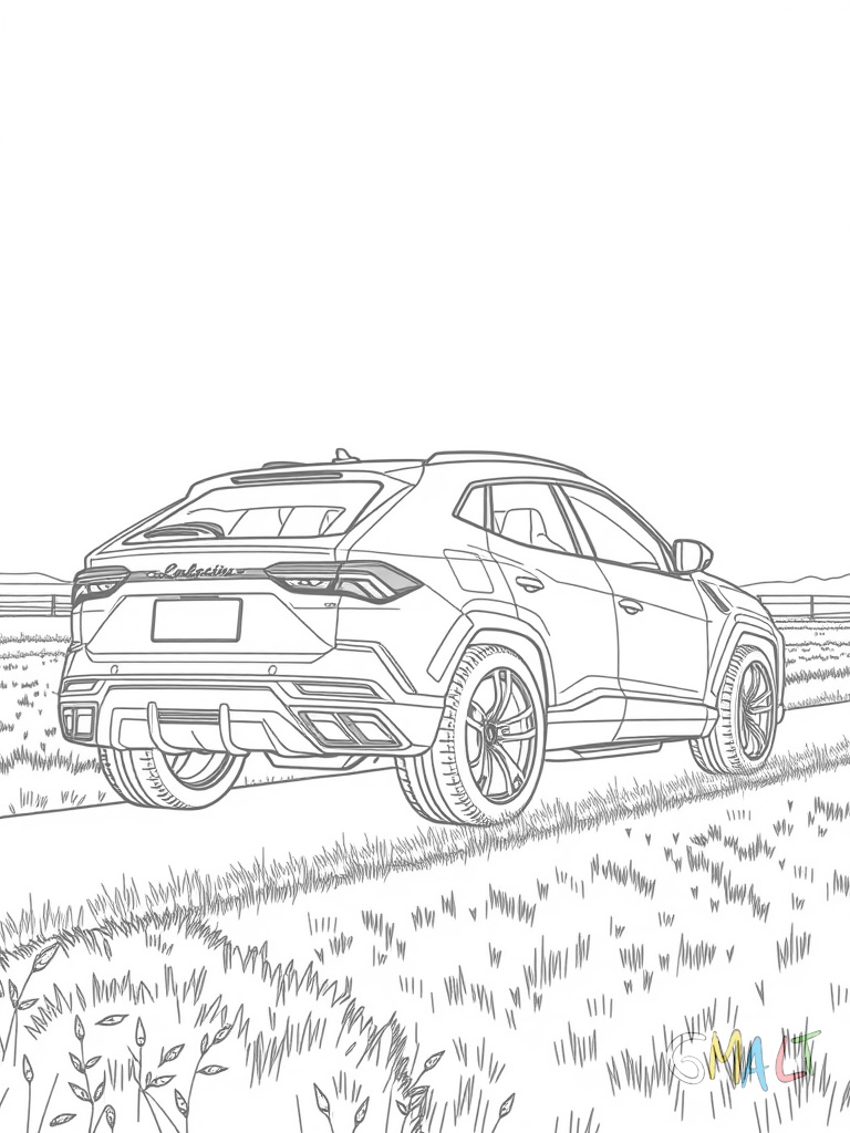 Ein Lamborghini Urus SUV in Seitenansicht auf einem Feldweg. Die erhöhte Bodenfreiheit und die großen Räder sind erkennbar.