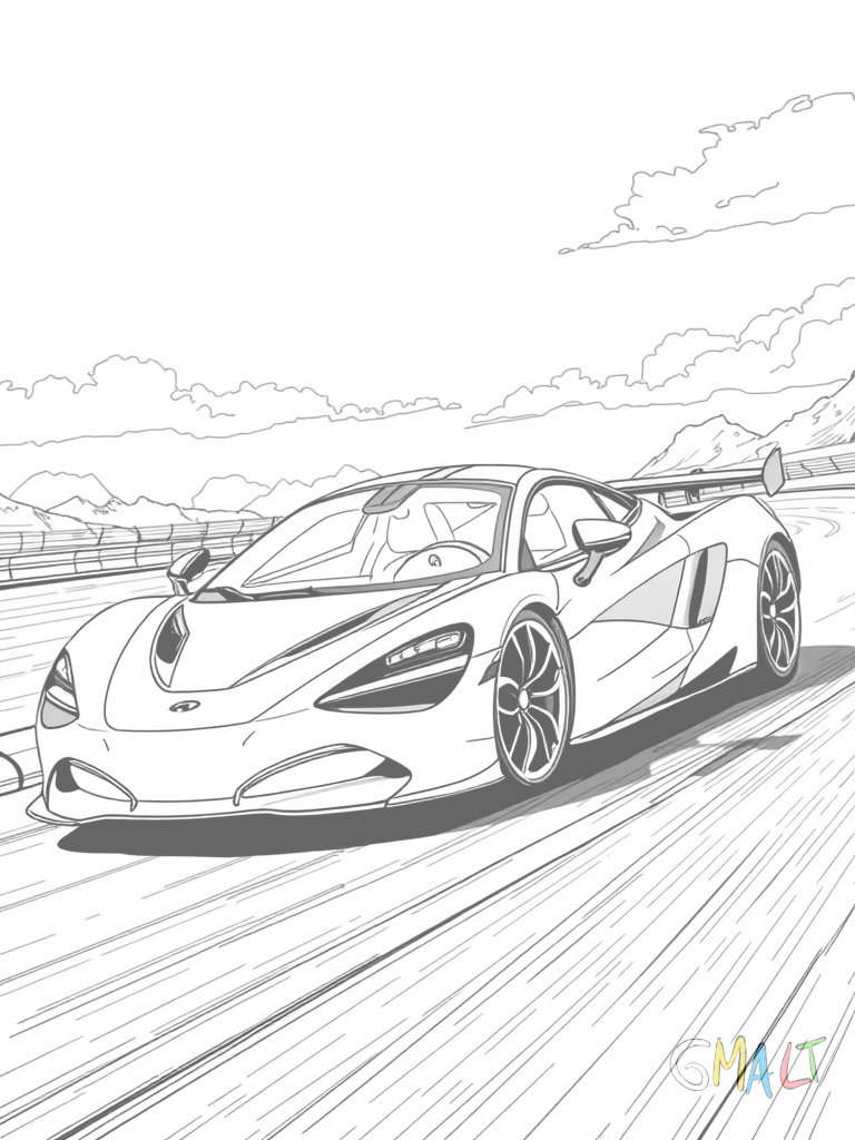 Ein McLaren 720S in Rennposition auf einer Rennstrecke. Die aerodynamische Form ist von schräg vorne zu sehen mit den versteckten Scheinwerfern und dem tiefen Frontsplitter.