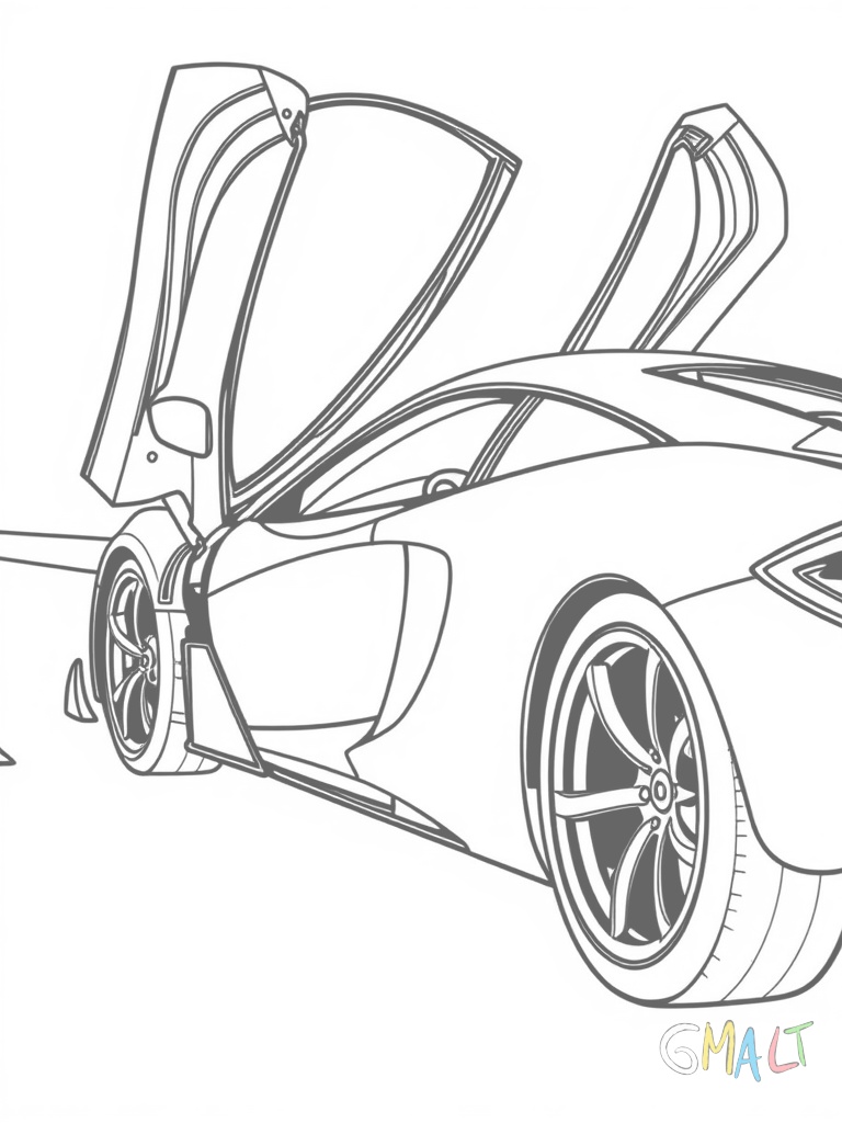 Ein McLaren P1 von der Seite mit geöffneten Flügeltüren. Die charakteristischen LED-Scheinwerfer und die geschwungene Seitenlinie sind gut erkennbar. Der Sportwagen steht auf einer leeren Straße.