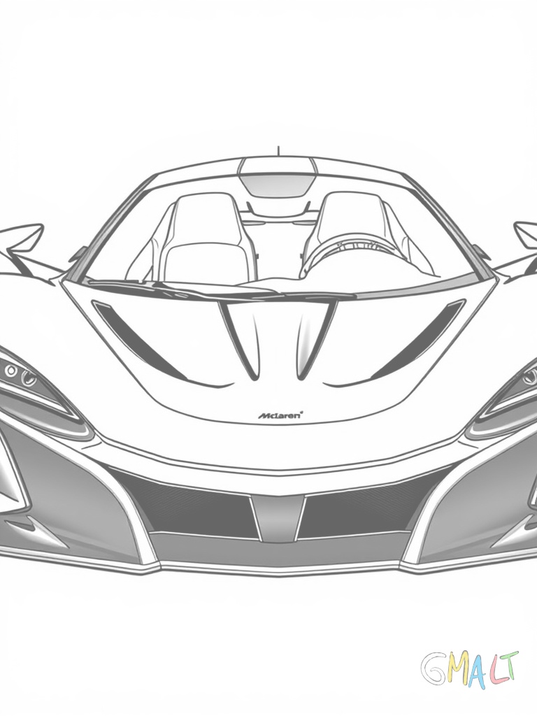 Ein McLaren Senna aus der Frontansicht mit dem markanten großen Frontsplitter und den Y-förmigen LED-Tagfahrleuchten. Die große Motorhaube zeigt deutliche Lufteinlässe.