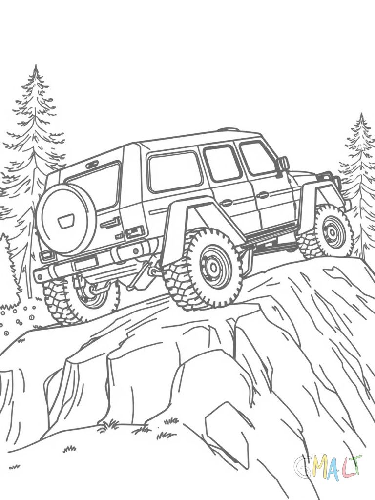 Der Mercedes 6x6 steht auf einem Felsen. Die drei Achsen demonstrieren ihre Geländegängigkeit während das Fahrzeug eine steile Steigung meistert. Die Türen und Ladefläche sind von der Seite gut sichtbar.