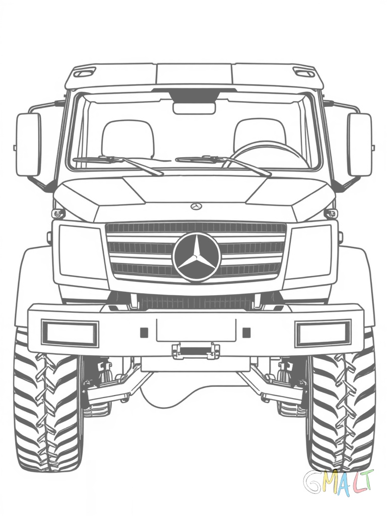 Ein Mercedes 6x6 von vorne fotografiert zeigt seinen markanten Kühlergrill mit großem Stern. Die breite Front mit Stoßstange und Scheinwerfern ist imposant. Die Motorhaube ist leicht angewinkelt.
