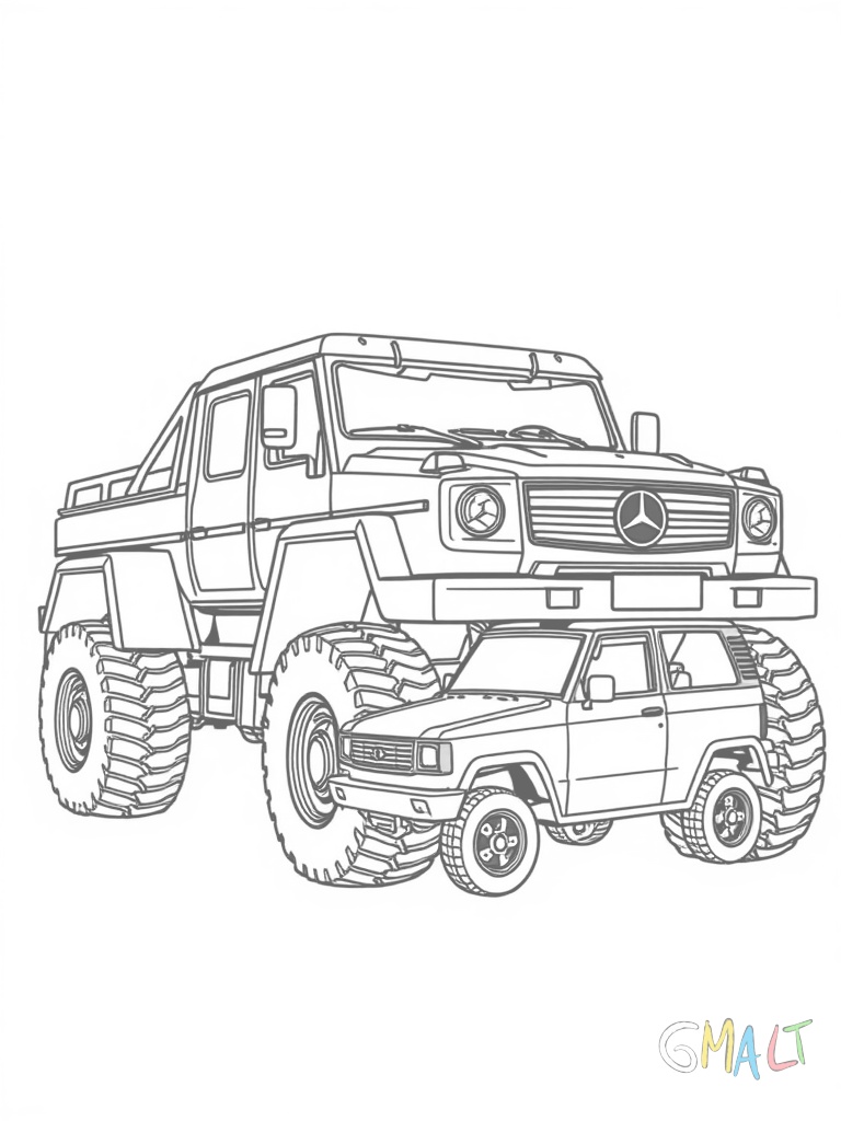 Ein Mercedes 6x6 steht neben einem normalen PKW. Der extreme Größenunterschied wird deutlich sichtbar. Die sechs großen Räder überragen das kleine Auto bei weitem.