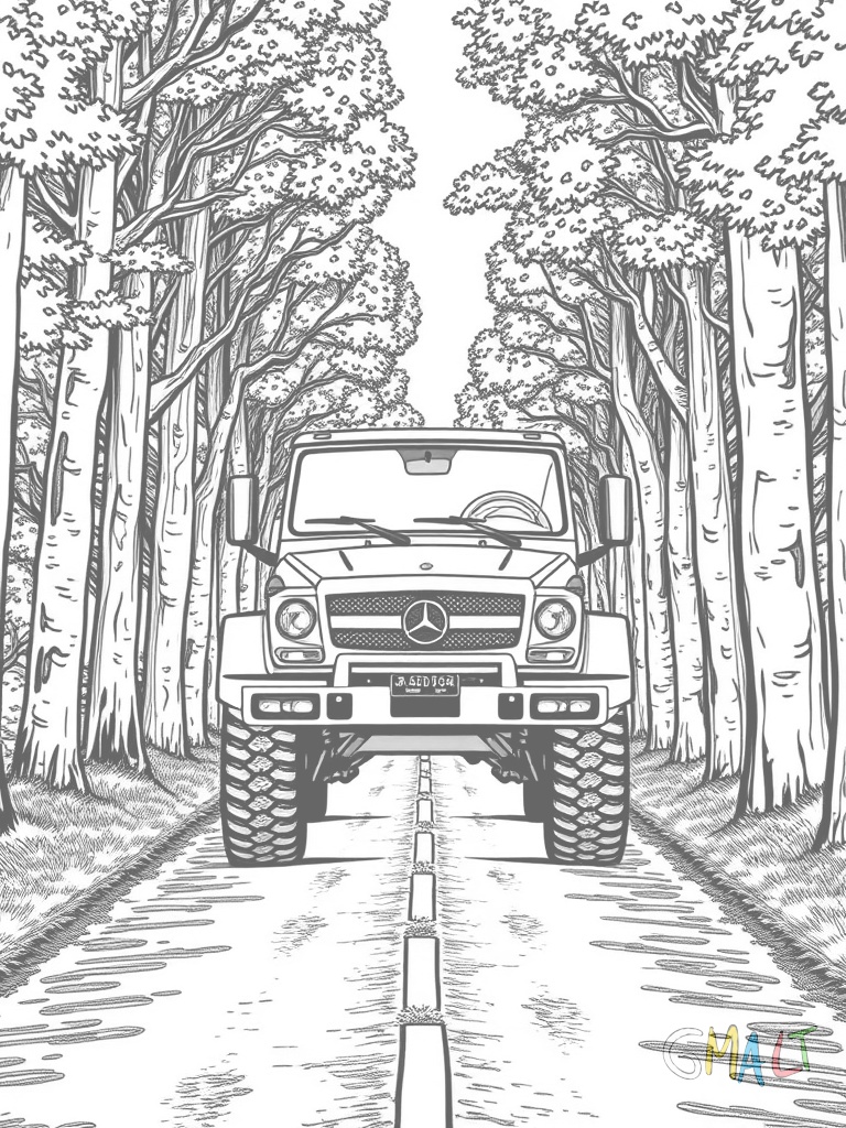 Ein Mercedes 6x6 fährt eine Waldstraße entlang. Bäume säumen den Weg zu beiden Seiten. Die massive Erscheinung des Fahrzeugs wird durch die Perspektive von schräg vorne betont.