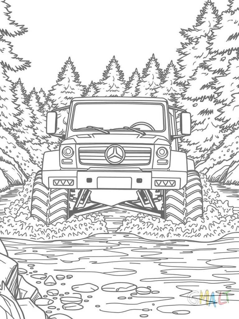 Ein Mercedes 6x6 durchquert einen Fluss. Wasserfontänen spritzen an allen sechs Rädern hoch. Der massive Kühlergrill durchpflügt das Wasser während das Fahrzeug eine Furt durchquert.