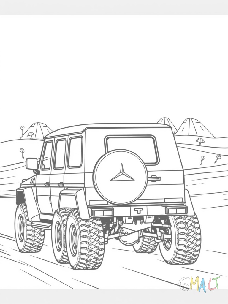 Ein Mercedes 6x6 in Seitenansicht fährt durch eine Wüste. Die sechs großen Räder sind deutlich zu sehen. Im Hintergrund sind drei Kakteen und Sanddünen erkennbar.
