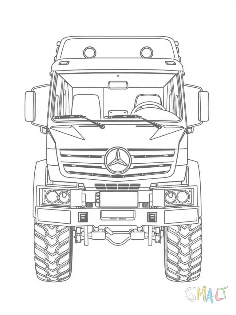 Der Mercedes 6x6 wird von oben gezeigt. Die Dachlinie das Schiebedach und die große Ladefläche sind gut sichtbar. Alle sechs Räder zeichnen sich deutlich ab.