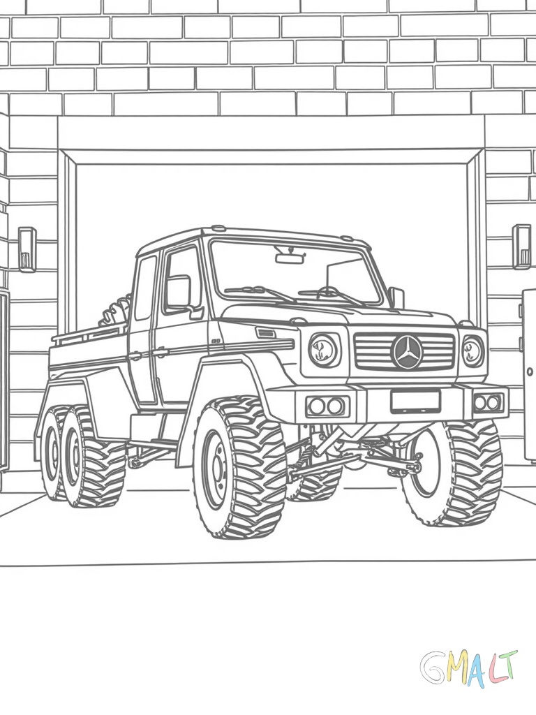 Der Mercedes 6x6 steht vor einer Garage. Die Dimensionen des Fahrzeugs werden durch den Vergleich zur normalen Garagentür deutlich. Alle sechs Räder und die verlängerte Ladefläche sind gut erkennbar.